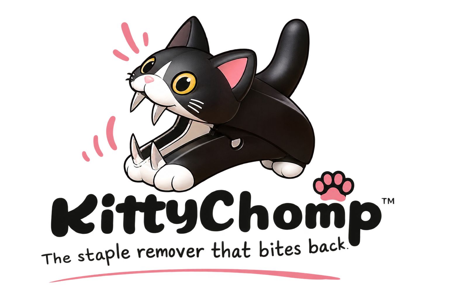 Black cat-shaped KittyChomp staple remover concept with metal teeth